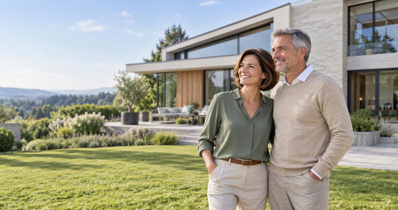 Glückliches Paar vor modernem Traumhaus Glückliches Paar vor modernem Traumhaus – Immobilie verkauft und Verkaufserlös richtig anlegen